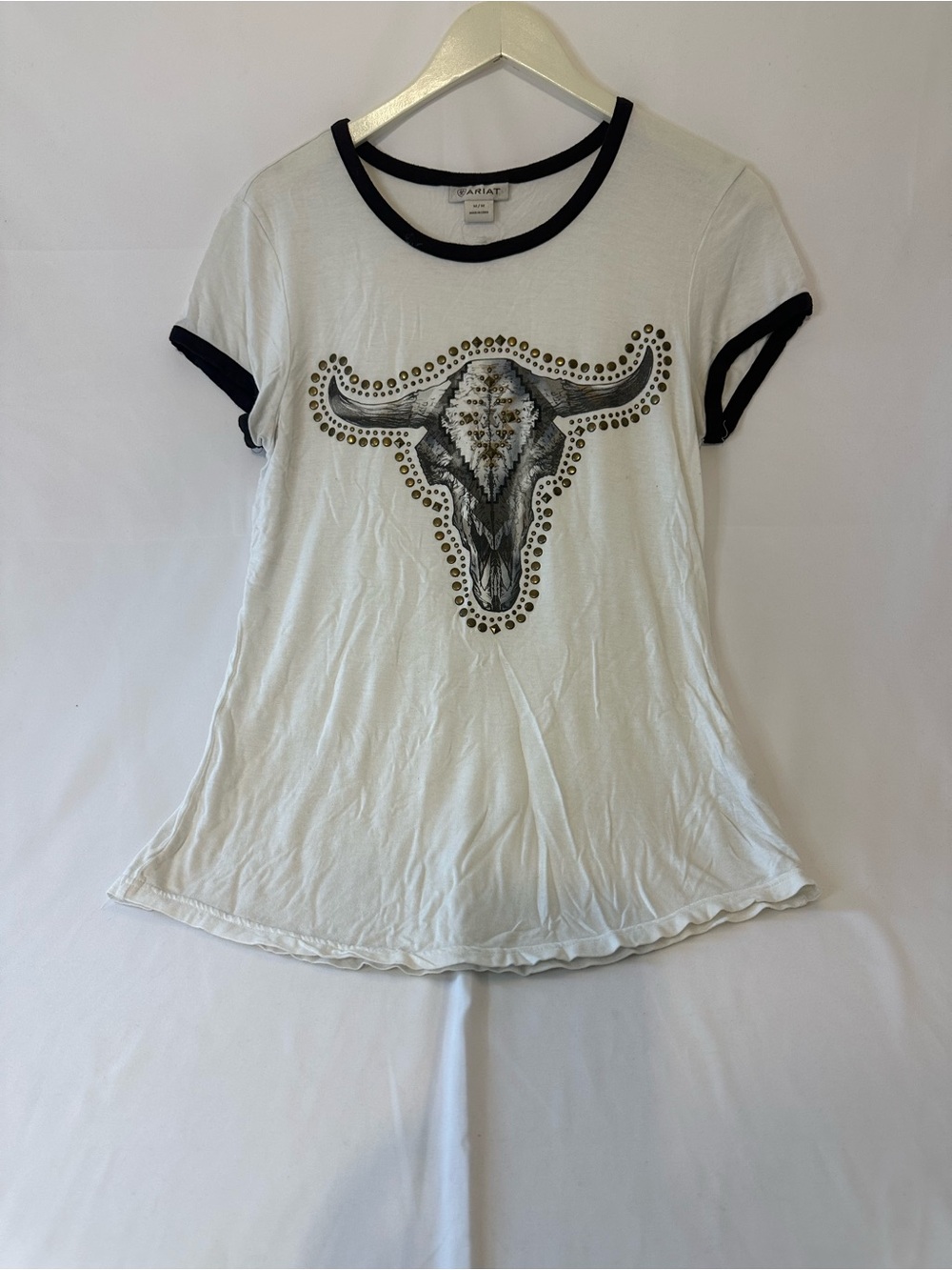 Ariat White Short-Sleeve Ringer Tee with Bull Skull Graphic